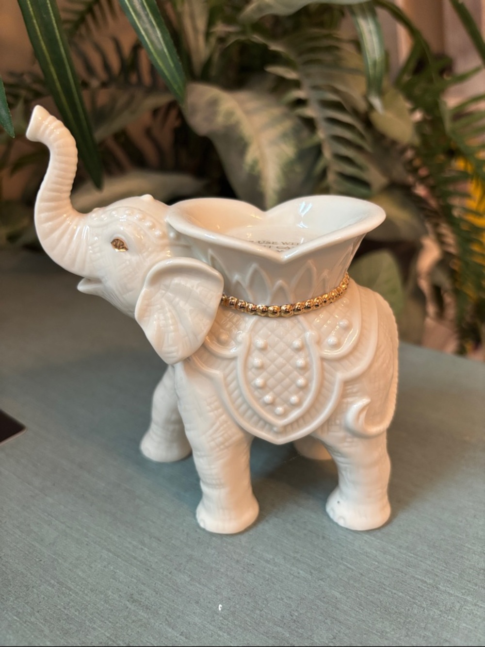 White Ceramic Elephant Planter with Gold Accent